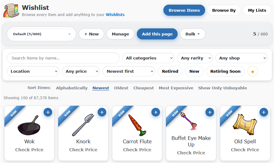 Wishlist Browse Items with search, filters, sort links and item cards
