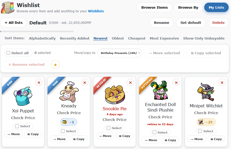 A player's Wishlist showing Recently Added and the complete sort links