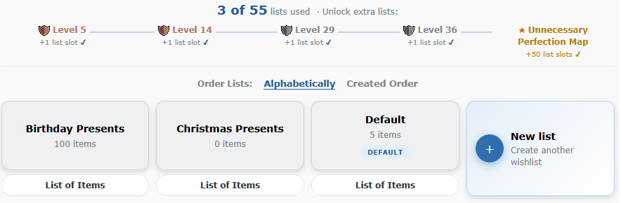 My Lists unlock path with level shields and Unnecessary Perfection Map