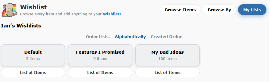 Another player's Wishlist showing several named lists and item counts