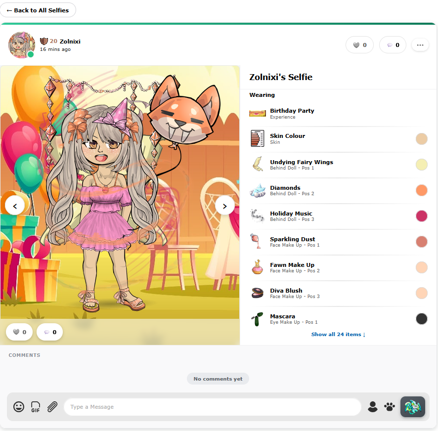 A Selfie's own page showing the look, its full Wearing list with the Experience scene, and the comments below