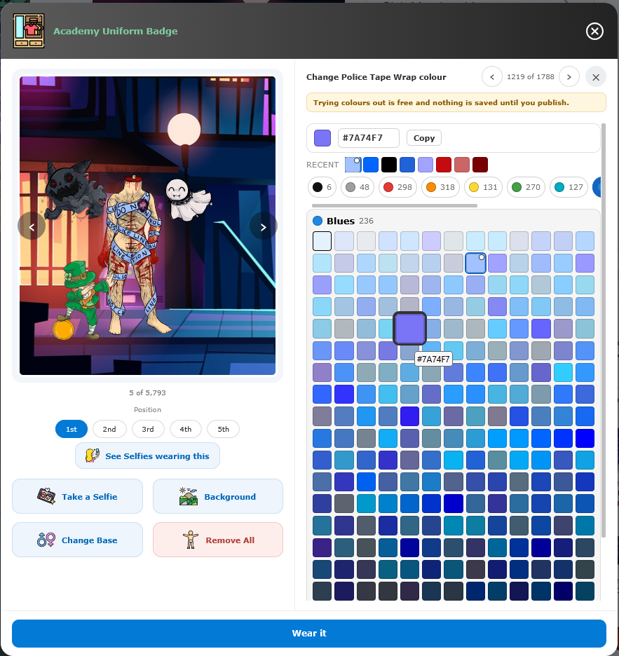 The colour picker open beside the doll, showing colour families with counts, recent shades and the colour code with its Copy button