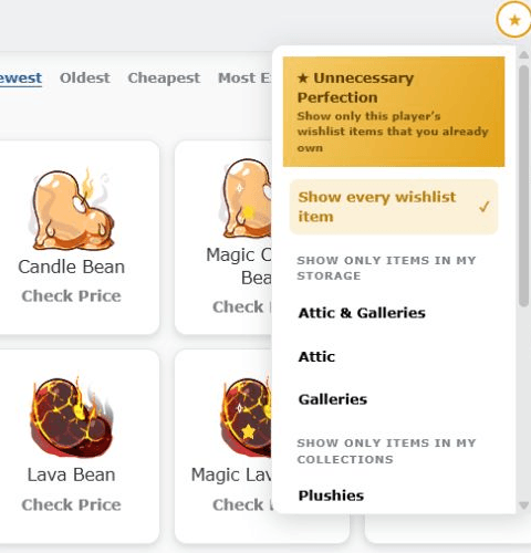 Unnecessary Perfection star menu matching another player's Wishlist against owned items