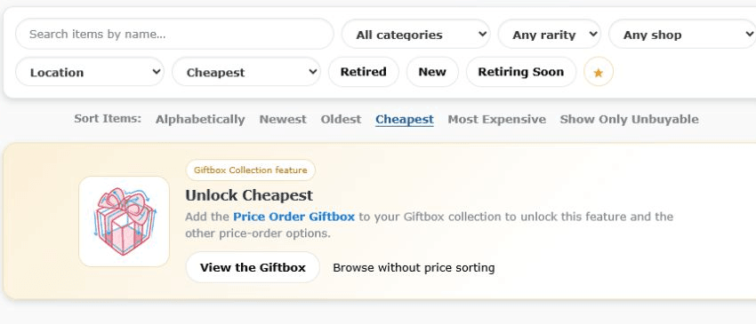 Price Order Giftbox explanation on Wishlist
